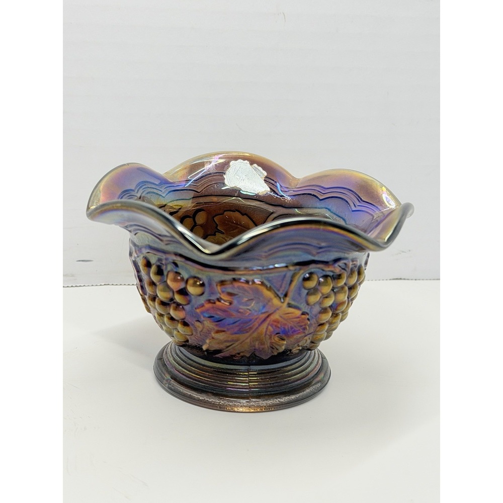Vintage Imperial Grape Peacock Smoke Carnival Glass Footed Nut Bowl